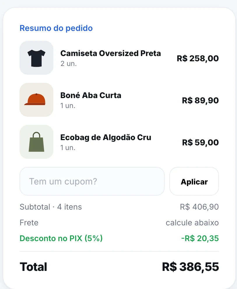 Resumo do pedido no checkout da Nextout, com cupom, frete e desconto no PIX